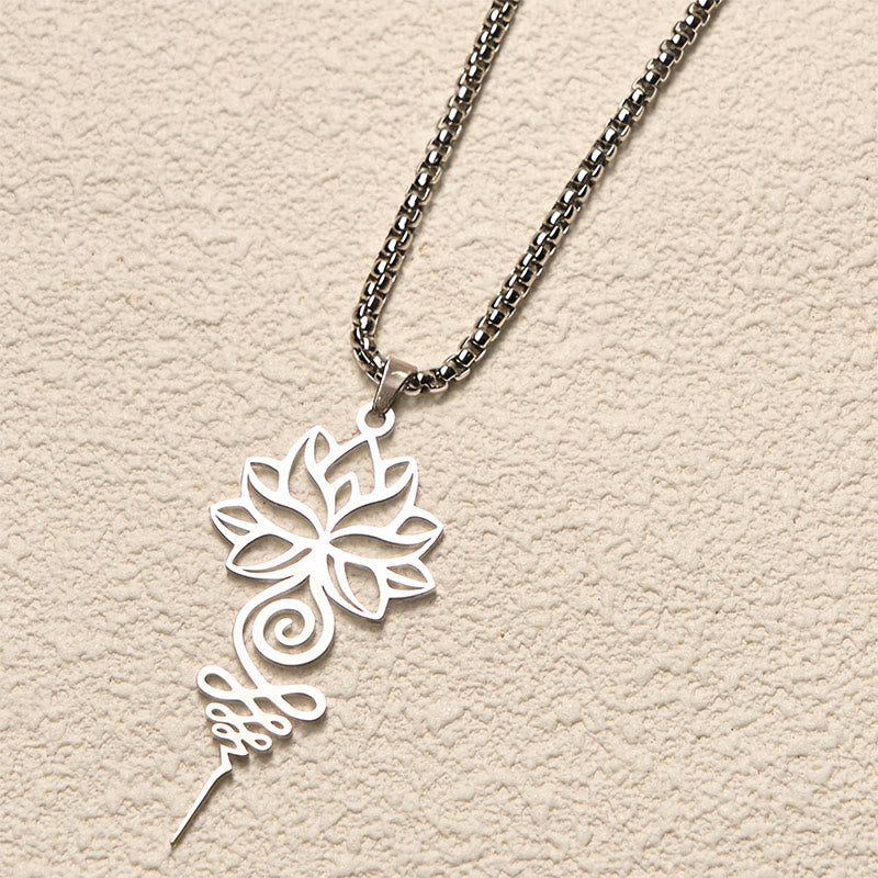 Collana con ciondolo dell'illuminazione in acciaio inossidabile, simbolo del chakra del loto di Buddha Stones Unalome - image 2