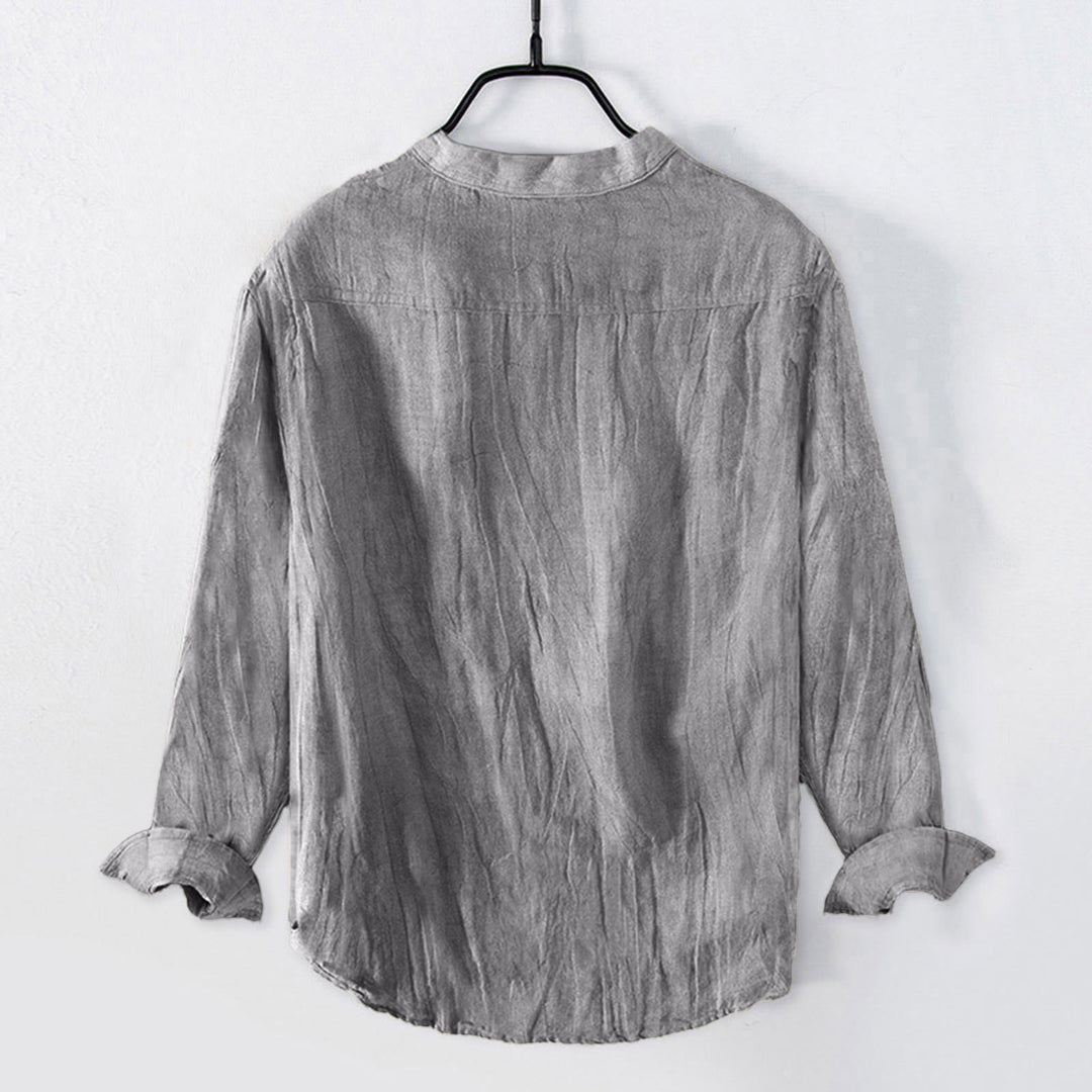 Camicia a maniche corte con bottoni a tinta unita Buddha Stones in cotone e lino per uomo - image 26