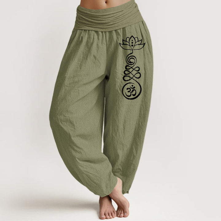 Pantaloni harem in cotone con elastico in vita e motivo Buddha Stones, motivo Lotus Om, da donna - Verde oliva - US22, UK/AU26, EU54 (6XL) - image 0