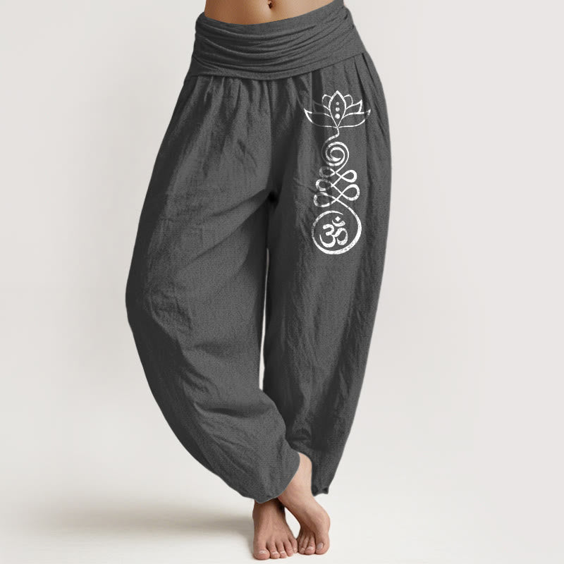 Pantaloni harem in cotone con elastico in vita e motivo Buddha Stones, motivo Lotus Om, da donna - Grigio tenue - US22, UK/AU26, EU54 (6XL) - image 11