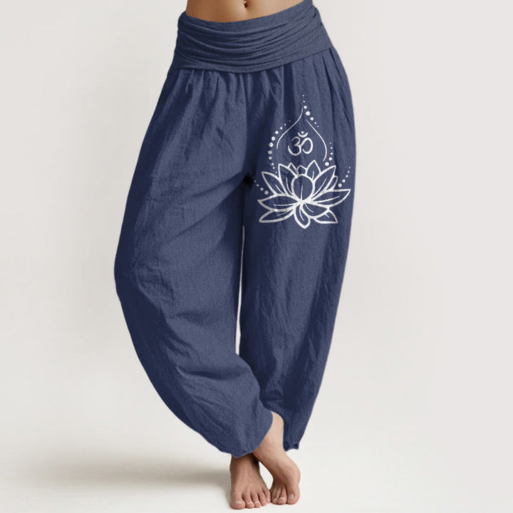 Pantaloni harem in cotone con elastico in vita e motivo con Buddha Stones, loto in fiore e simbolo Om - Blu ardesia scuro - US22, UK/AU26, EU54 (6XL) - image 0