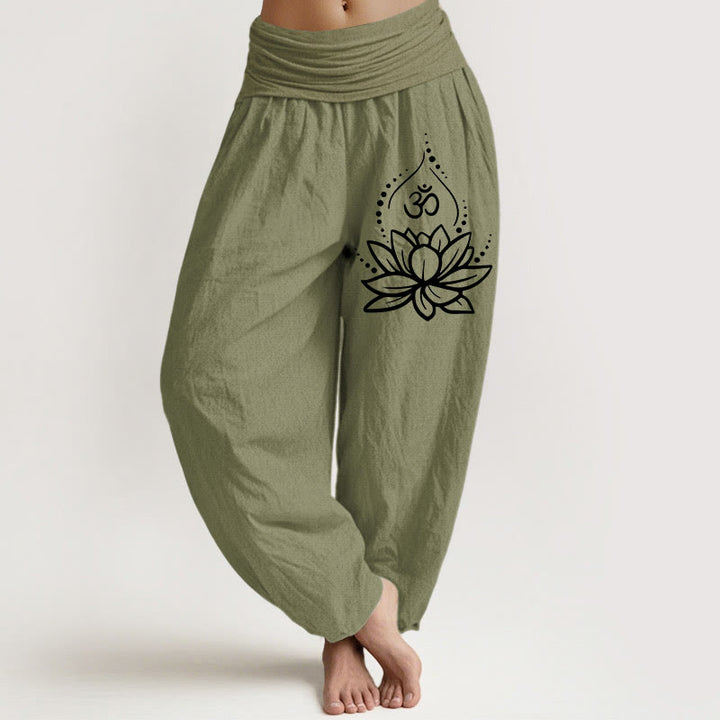 Pantaloni harem in cotone con elastico in vita e motivo con Buddha Stones, loto in fiore e simbolo Om - Verde oliva - US22, UK/AU26, EU54 (6XL) - image 14