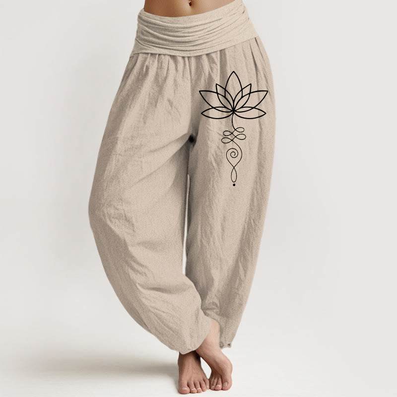 Pantaloni harem da donna in puro cotone con elastico in vita e motivo con Buddha Stones e simbolo di loto e unalome - Tan - US22, UK/AU26, EU54 (6XL) - image 0