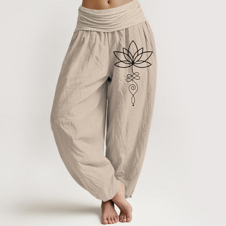 Pantaloni harem da donna in puro cotone con elastico in vita e motivo con Buddha Stones e simbolo di loto e unalome - Tan - US22, UK/AU26, EU54 (6XL) - image 0