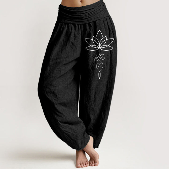 Pantaloni harem da donna in puro cotone con elastico in vita e motivo con Buddha Stones e simbolo di loto e unalome - Nero - US22, UK/AU26, EU54 (6XL) - image 5