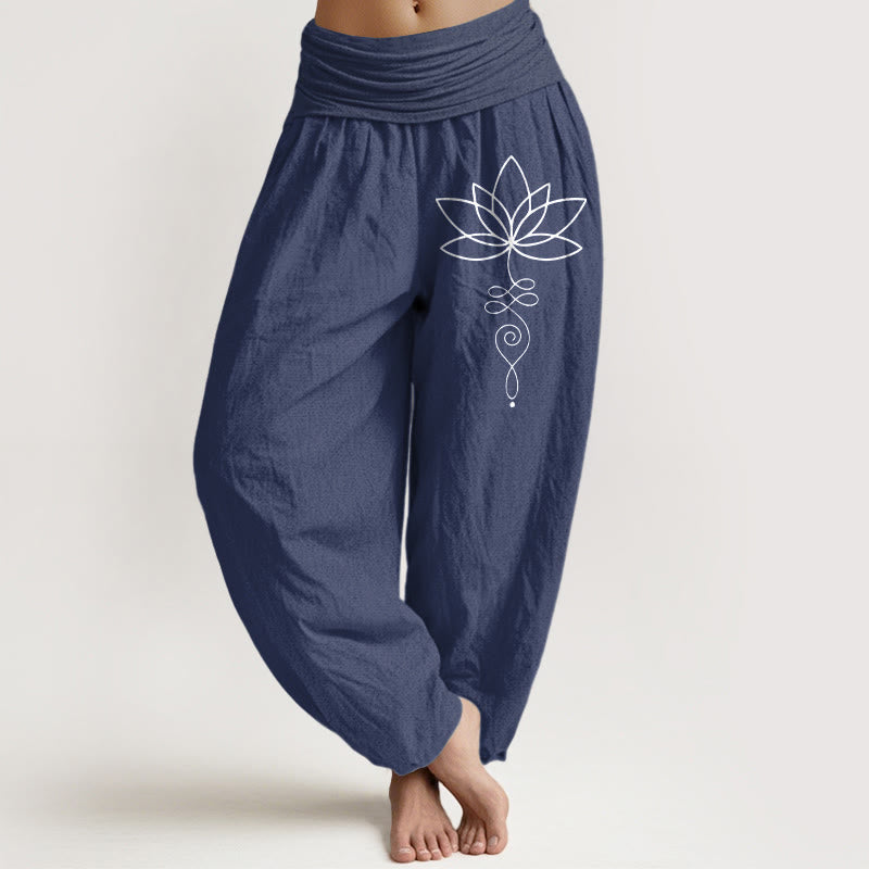 Pantaloni harem da donna in puro cotone con elastico in vita e motivo con Buddha Stones e simbolo di loto e unalome - Blu ardesia scuro - US22, UK/AU26, EU54 (6XL) - image 8