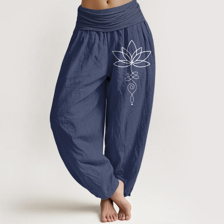 Pantaloni harem da donna in puro cotone con elastico in vita e motivo con Buddha Stones e simbolo di loto e unalome - Blu ardesia scuro - US22, UK/AU26, EU54 (6XL) - image 8