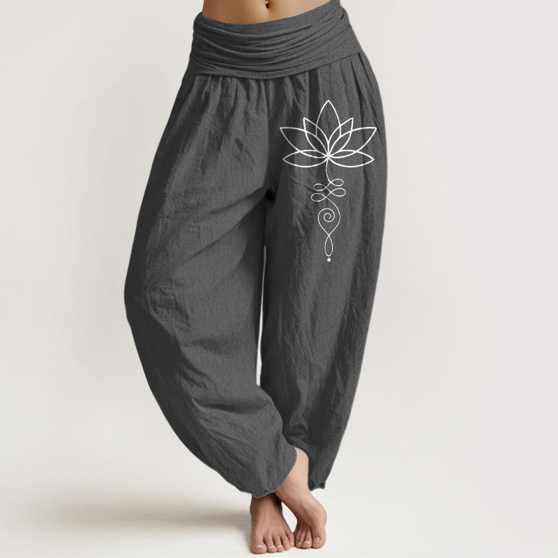 Pantaloni harem da donna in puro cotone con elastico in vita e motivo con Buddha Stones e simbolo di loto e unalome - Grigio tenue - US22, UK/AU26, EU54 (6XL) - image 11