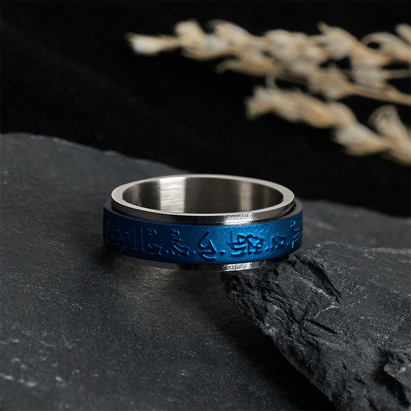 Anello girevole in acciaio al titanio con mantra del farmacista blu , Buddha Stones, scritture tibetane - image 1