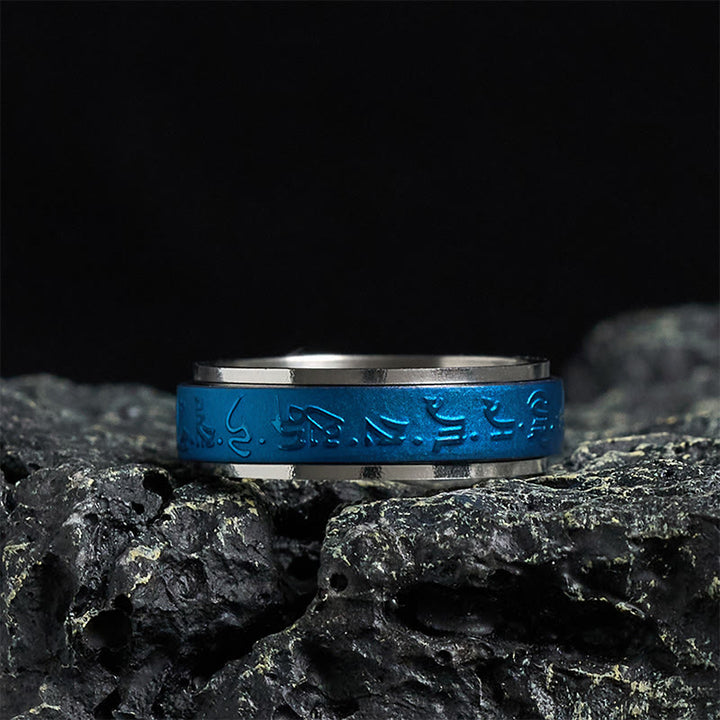 Anello girevole in acciaio al titanio con mantra del farmacista blu , Buddha Stones, scritture tibetane - 70-73 mm - image 0