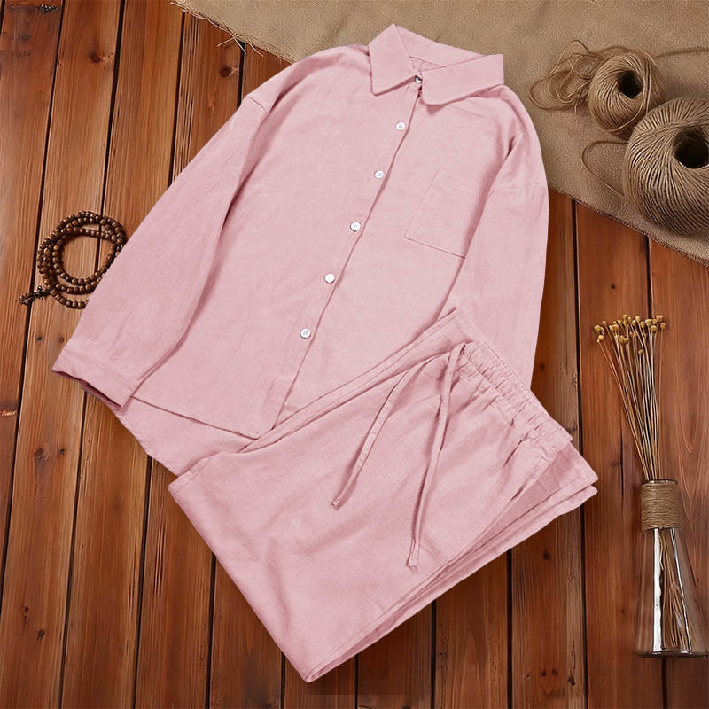 Completo da donna in cotone con stampa Buddha Stones, composto da 2 pezzi: maglia a maniche lunghe con tasche e pantaloni capri con coulisse, ideale per la meditazione. - image 7