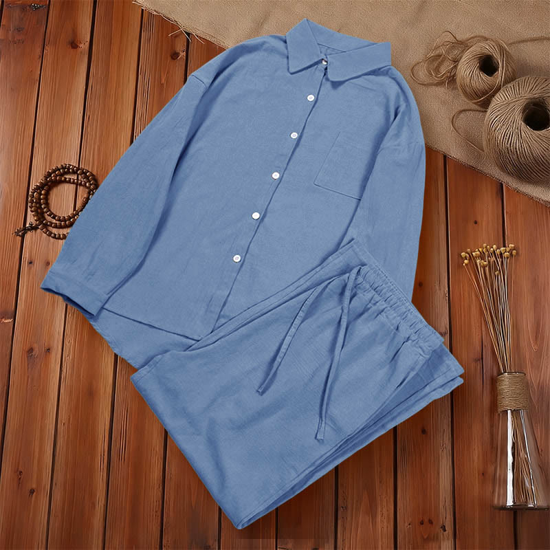 Completo da donna in cotone con stampa Buddha Stones, composto da 2 pezzi: maglia a maniche lunghe con tasche e pantaloni capri con coulisse, ideale per la meditazione. - image 19