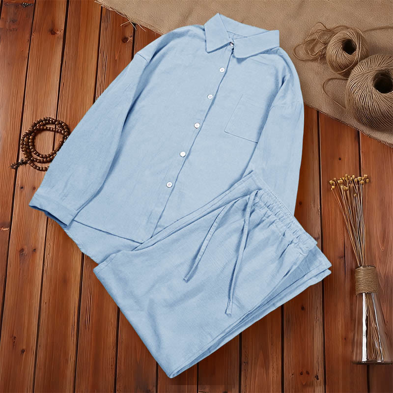 Completo da donna in cotone con stampa Buddha Stones, composto da 2 pezzi: maglia a maniche lunghe con tasche e pantaloni capri con coulisse, ideale per la meditazione. - image 25
