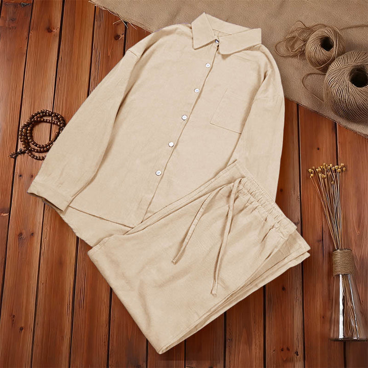 Completo da donna in cotone con stampa Buddha Stones, composto da 2 pezzi: maglia a maniche lunghe con tasche e pantaloni capri con coulisse, ideale per la meditazione. - image 13