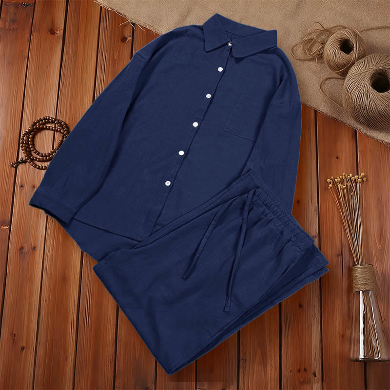 Completo da donna in cotone con stampa Buddha Stones, composto da 2 pezzi: maglia a maniche lunghe con tasche e pantaloni capri con coulisse, ideale per la meditazione. - image 31