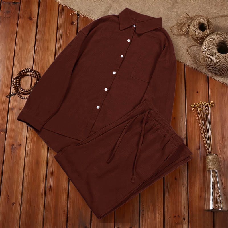 Completo da donna in cotone con stampa Buddha Stones, composto da 2 pezzi: maglia a maniche lunghe con tasche e pantaloni capri con coulisse, ideale per la meditazione. - image 37
