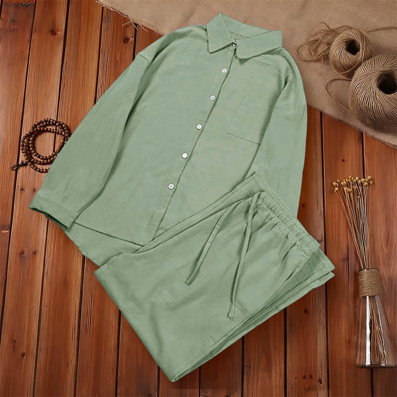 Completo da donna in cotone con stampa Buddha Stones, composto da 2 pezzi: maglia a maniche lunghe con tasche e pantaloni capri con coulisse, ideale per la meditazione. - image 43