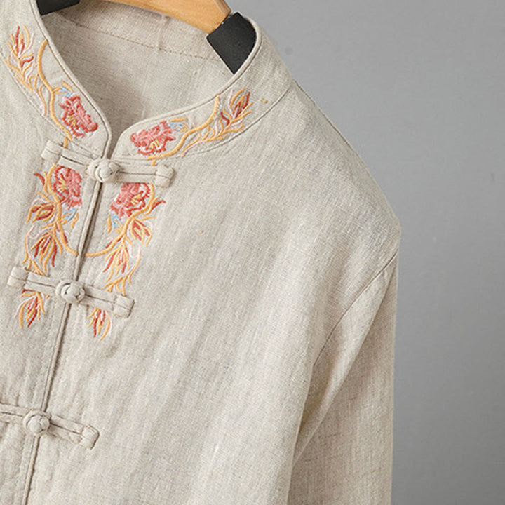 Camicia casual da donna in cotone con collo alto e maniche lunghe ricamate con Buddha Stones - image 3