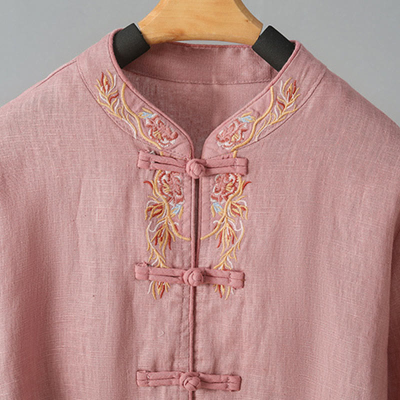 Camicia casual da donna in cotone con collo alto e maniche lunghe ricamate con Buddha Stones - image 12
