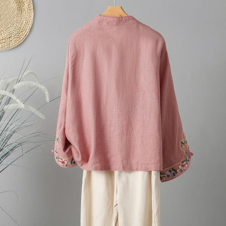 Camicia casual da donna in cotone con collo alto e maniche lunghe ricamate con Buddha Stones - image 11
