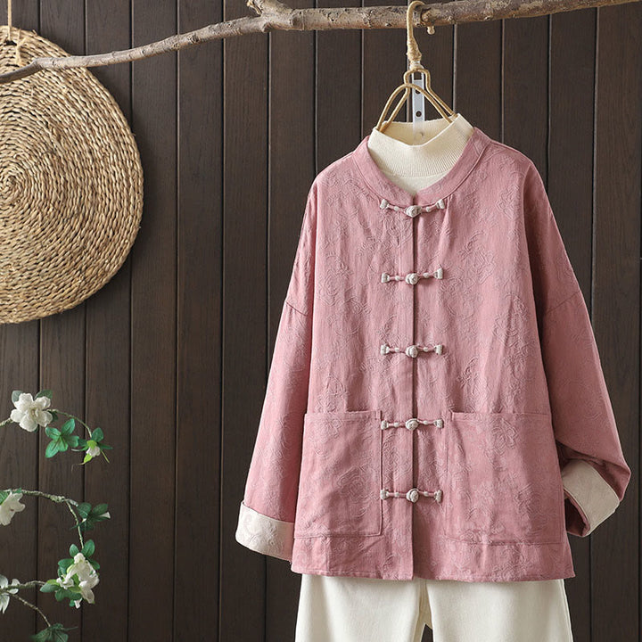 Camicia casual da donna in cotone con colletto rialzato e maniche lunghe con motivo floreale Buddha Stones - Rosa chiaro - US14, UK/AU18, EU46 (2XL) - image 10