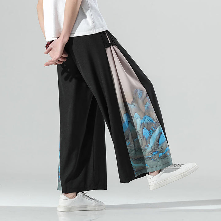Buddha Stones Pantaloni larghi da uomo con tasche e motivo montagne e fiumi - Nero - US/UK/AU46, EU56 (5XL) - image 0