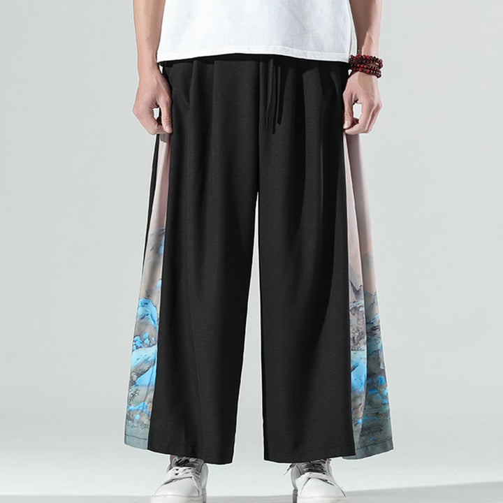 Buddha Stones Pantaloni larghi da uomo con tasche e motivo montagne e fiumi - image 1