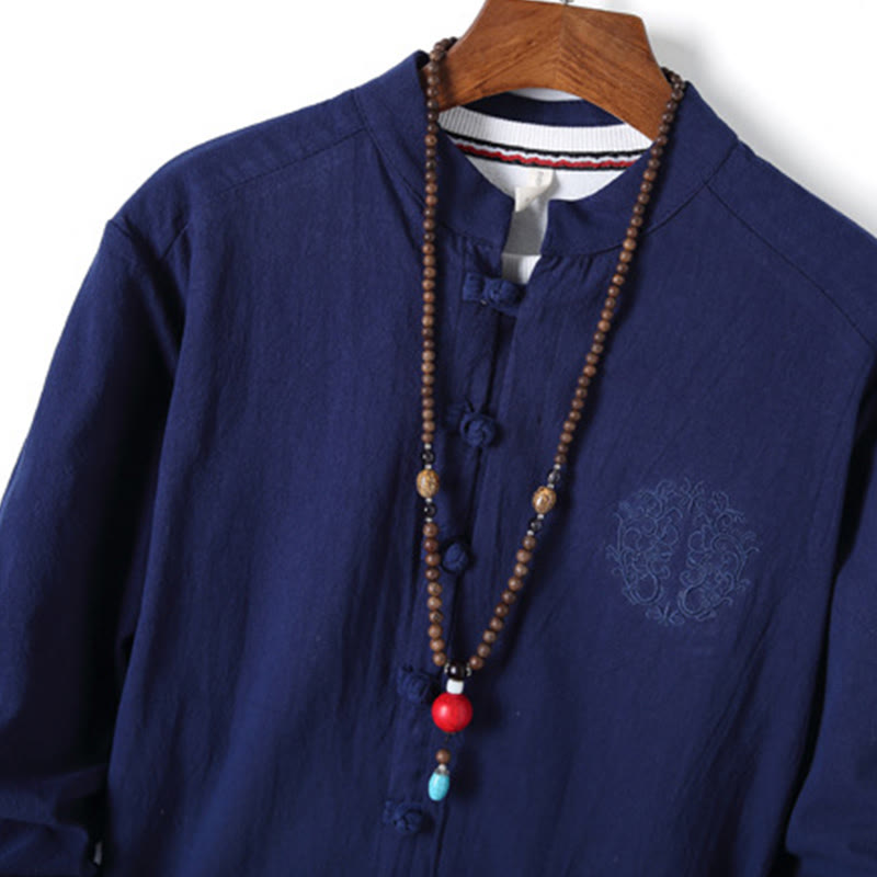 Set di 2 pezzi da uomo in tinta unita con bottoni a rana, camicia a maniche lunghe in cotone e pantaloni con tasche, Buddha Stones - image 23