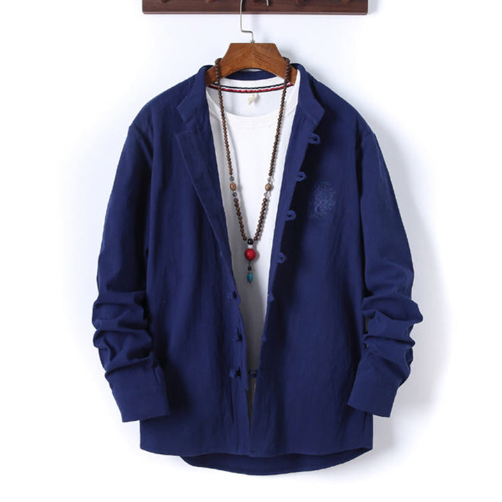Set di 2 pezzi da uomo in tinta unita con bottoni a rana, camicia a maniche lunghe in cotone e pantaloni con tasche, Buddha Stones - image 21