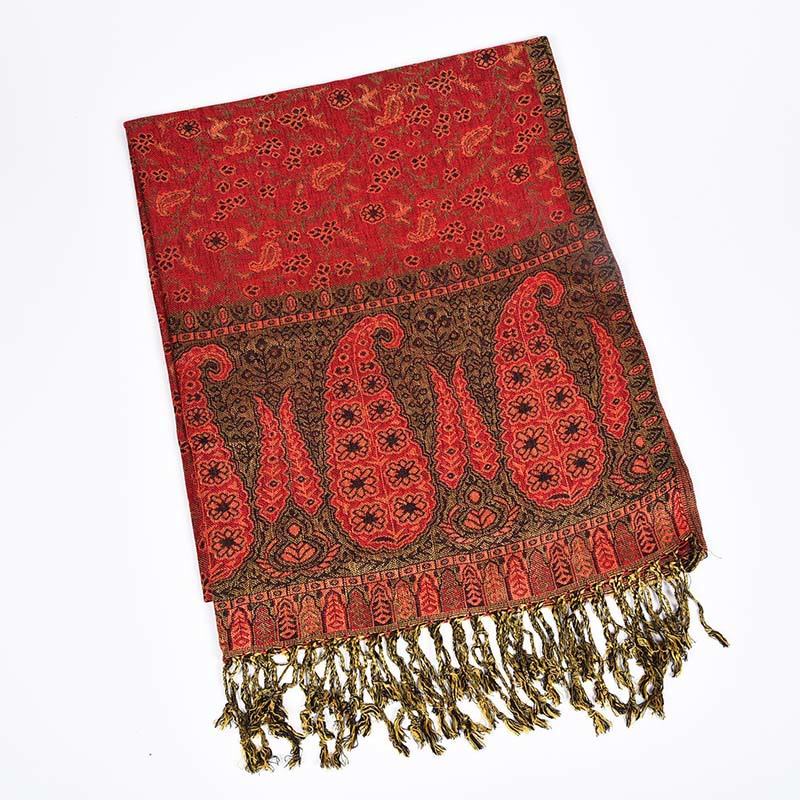 Sciarpa scialle con nappe e motivo paisley patchwork in jacquard con Buddha Stones e contrasto di colore - Rosso - image 6