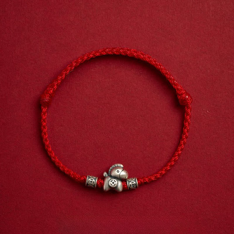 Braccialetto di protezione intrecciato in argento sterling 999 Buddha Stones, Anno del Cavallo - Rosso (circonferenza del polso 14-21 cm) - image 1