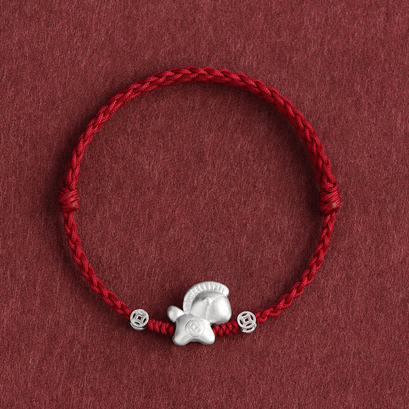 Buddha Stones Anno del Cavallo Argento Sterling 999 Monete di Rame Corda della Fortuna Braccialetto Intrecciato Cavigliera - Cavigliera rosso scuro (circonferenza 17-30 cm) - image 0
