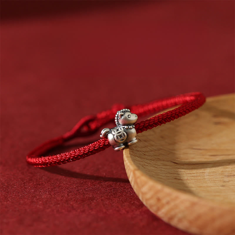 Braccialetto portafortuna intrecciato con monete di rame e filo rosso in argento sterling 999, motivo: Anno del Cavallo Buddha Stones - image 1