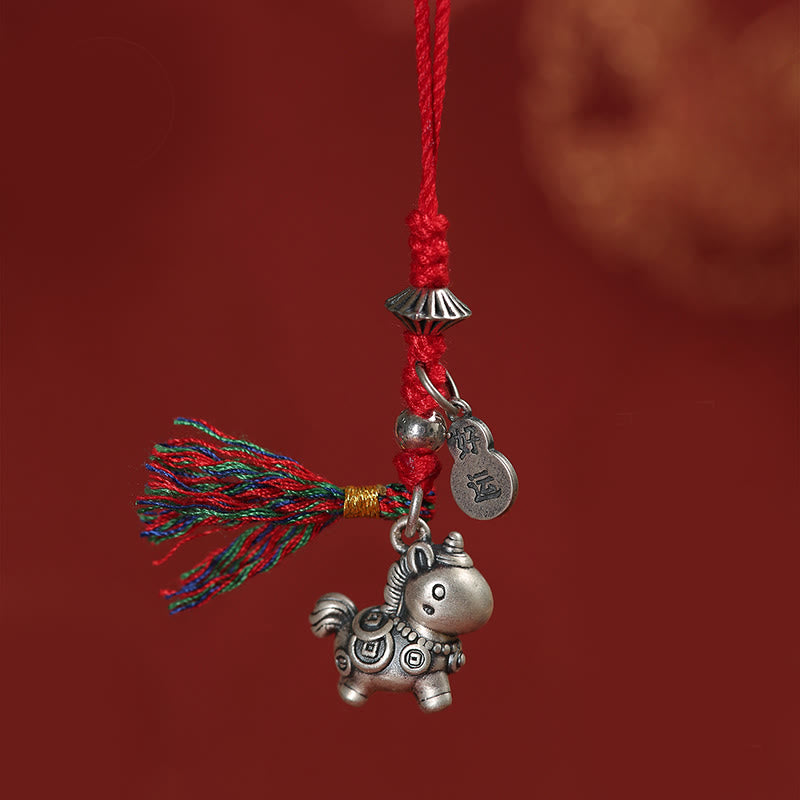 Buddha Stones Anno del Cavallo Argento Sterling 999 Monete di Rame Portafortuna Decorazione da Appendere al Telefono - Rosso - image 0