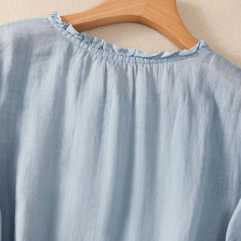 Camicia da donna a maniche corte con sbuffo, motivo floreale ricamato, motivo Buddha Stones, casual e semplice - image 4