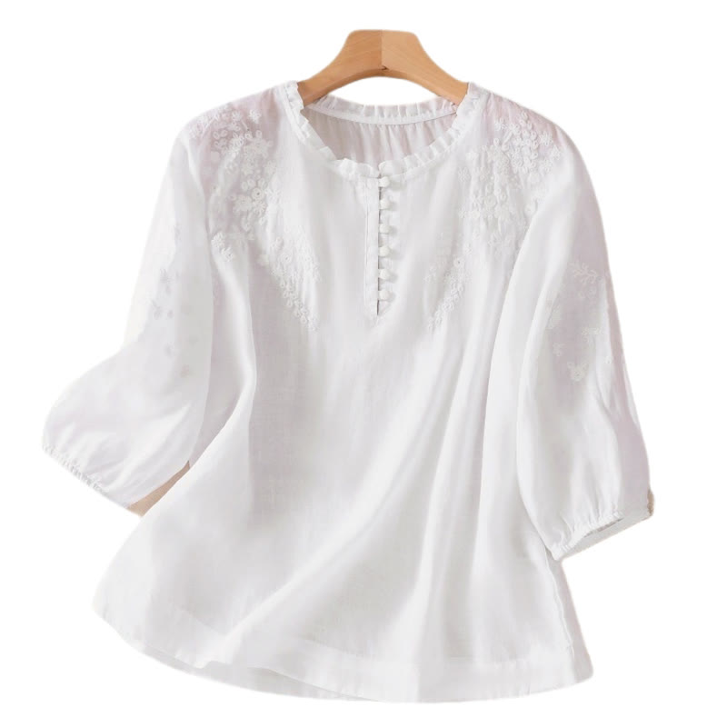 Camicia da donna a maniche corte con sbuffo, motivo floreale ricamato, motivo Buddha Stones, casual e semplice - image 9