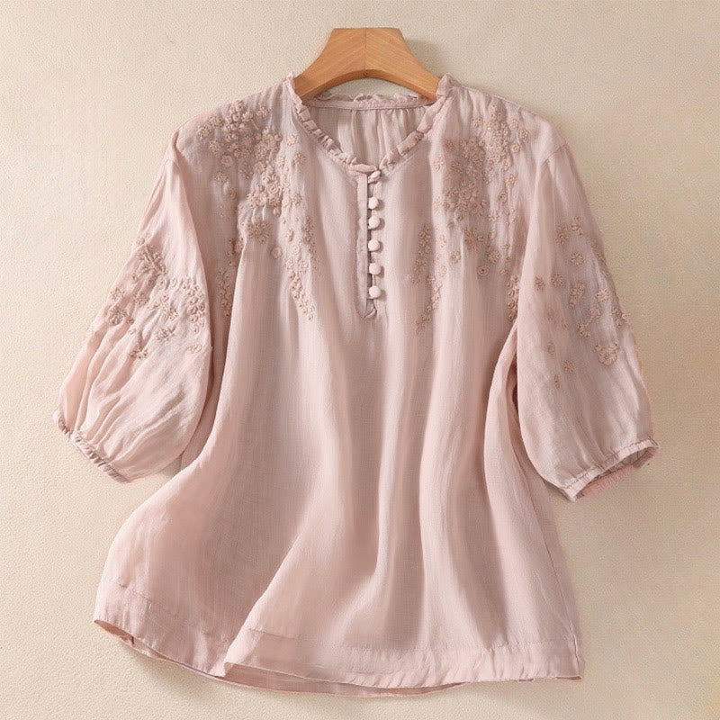 Camicia da donna a maniche corte con sbuffo, motivo floreale ricamato, motivo Buddha Stones, casual e semplice - Rosa chiaro - US8-10, UK/AU12-14, EU40-42 (2XL) - image 13