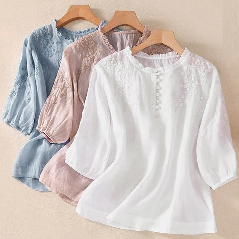 Camicia da donna a maniche corte con sbuffo, motivo floreale ricamato, motivo Buddha Stones, casual e semplice - image 19