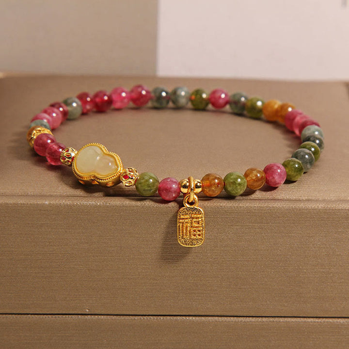 Braccialetto positivo con carattere Fu in pietra colorata e tormalina Buddha Stones - Tormalina (circonferenza del polso: 15-16 cm) - image 0