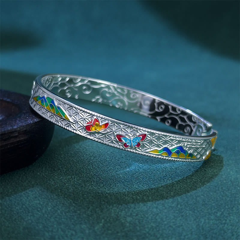 Bracciale rigido regolabile aperto con motivo a farfalla in rame smaltato con motivo a sole di Buddha Stones - image 2