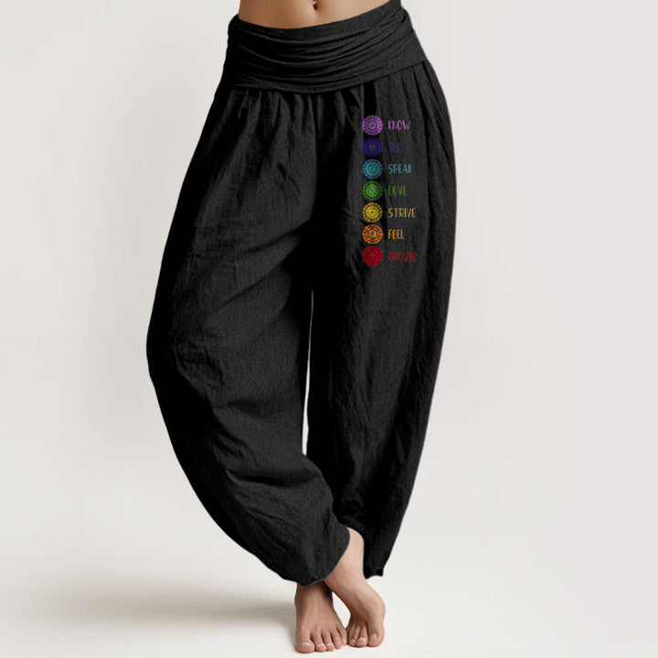 Pantaloni harem da donna in puro cotone con elastico in vita e stampa dei sette chakra con motivo Buddha Stones - Nero - US22, UK/AU26, EU54 (6XL) - image 0