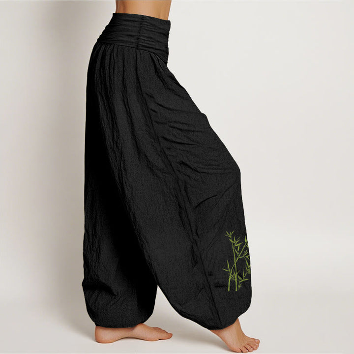 Pantaloni harem da donna in puro cotone con elastico in vita e stampa di bambù verde con motivo Buddha Stones - image 1