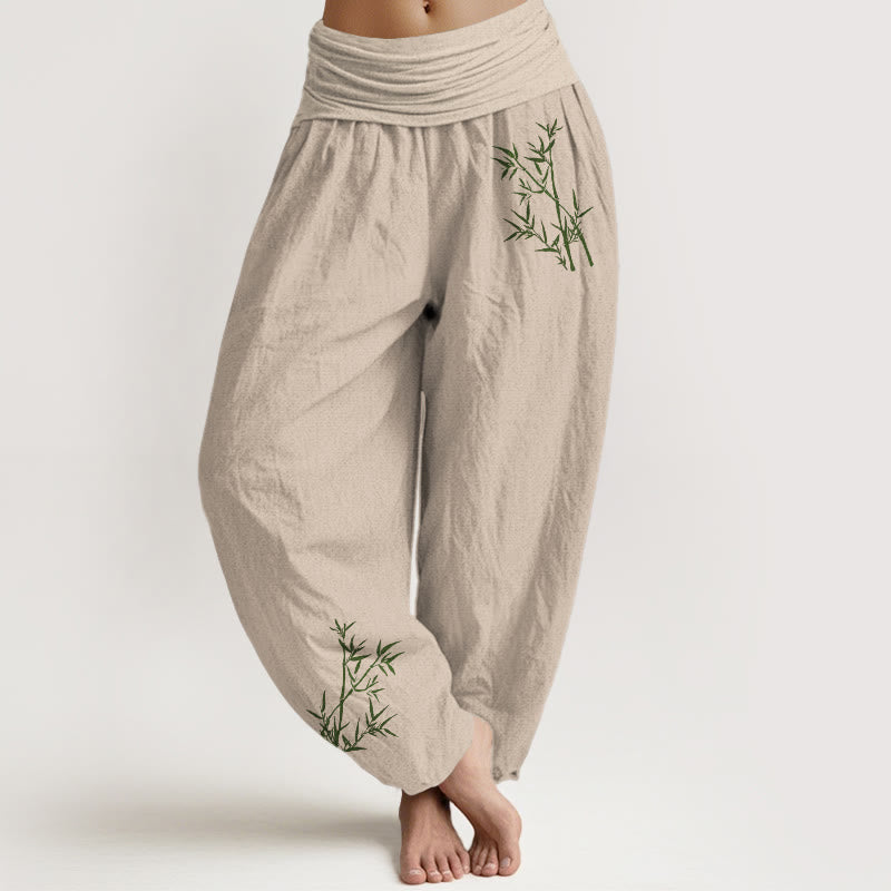 Pantaloni harem da donna in puro cotone con elastico in vita e stampa di bambù verde con motivo Buddha Stones - Tan - US22, UK/AU26, EU54 (6XL) - image 11