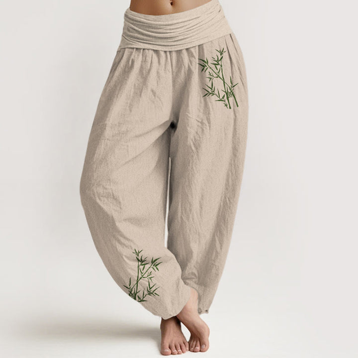 Pantaloni harem da donna in puro cotone con elastico in vita e stampa di bambù verde con motivo Buddha Stones - Tan - US22, UK/AU26, EU54 (6XL) - image 11