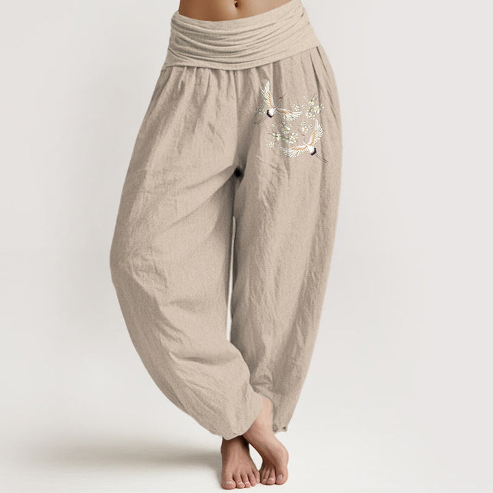 Pantaloni harem da donna in puro cotone con elastico in vita, motivo Buddha Stones Cranes Flowers - Tan - US22, UK/AU26, EU54 (6XL) - image 11