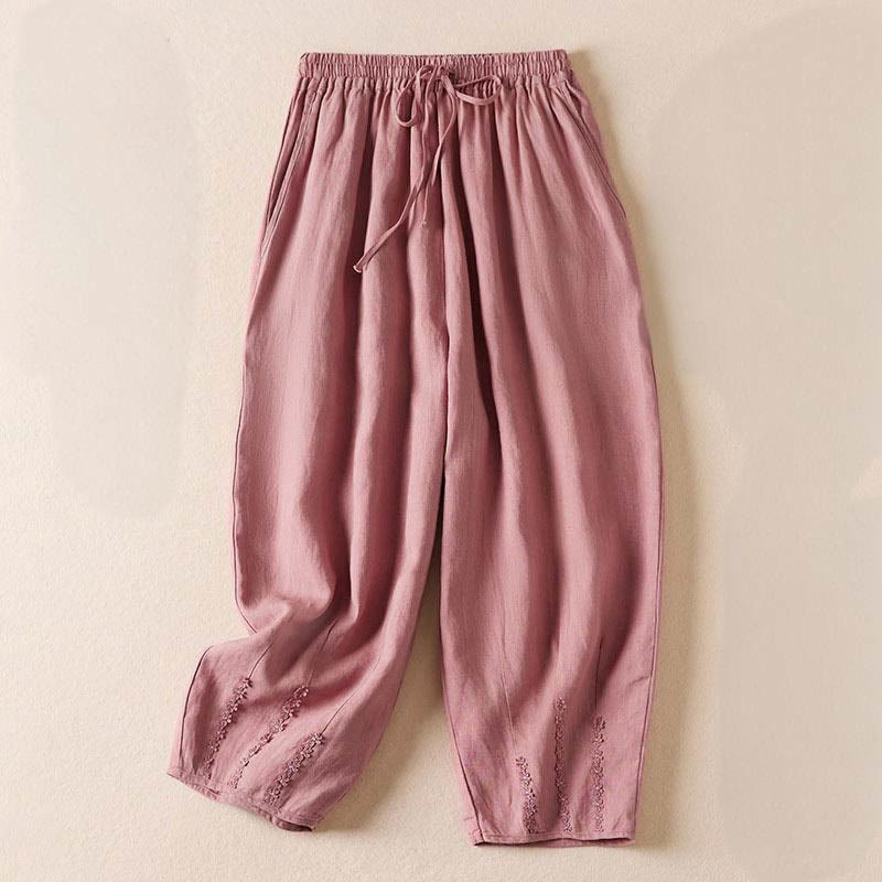 Pantaloni harem estivi con piccole decorazioni floreali e tasche, ispirati a Buddha Stones. - Rosa chiaro - US8-10, UK/AU12-14, EU40-42 (2XL) - image 10
