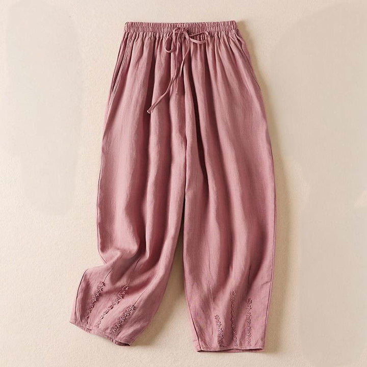 Pantaloni harem estivi con piccole decorazioni floreali e tasche, ispirati a Buddha Stones. - Rosa chiaro - US8-10, UK/AU12-14, EU40-42 (2XL) - image 10