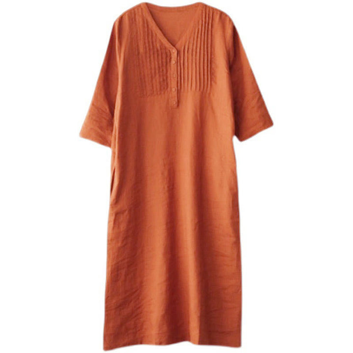 Abito midi casual con pieghe a fisarmonica, scollo a V, maniche corte e tasche, modello Buddha Stones - image 15