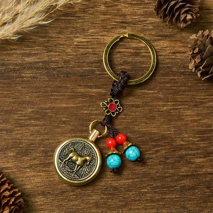 Portachiavi in ​​ottone con Buddha Stones dell'anno del cavallo che porta ricchezza e tesori - Cavallo - image 0