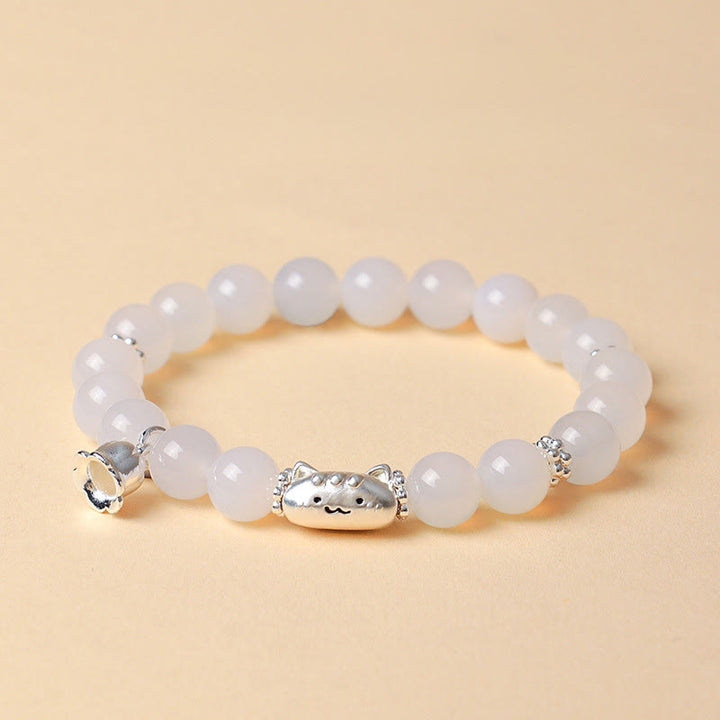 Braccialetto positivo Buddha Stones in argento sterling 999 con testa di gatto naturale, occhio di gatto bianco, agata bianca - image 10
